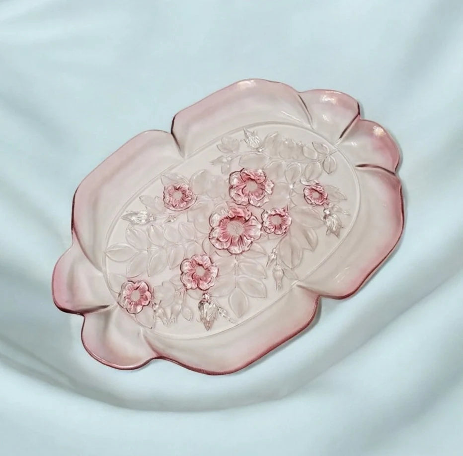 Vintage Mikasa Rosella Round Pink Roses Glass Serving Platter/Plate Embossed with Ruffled Edge - Timeless Treasures Emporium1