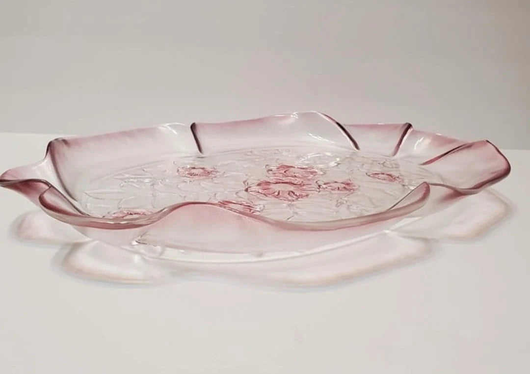 Vintage Mikasa Rosella Round Pink Roses Glass Serving Platter/Plate Embossed with Ruffled Edge - Timeless Treasures Emporium1