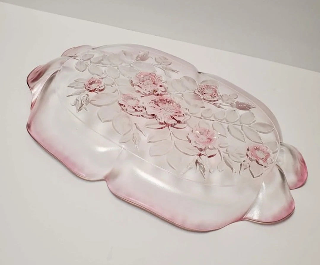 Vintage Mikasa Rosella Round Pink Roses Glass Serving Platter/Plate Embossed with Ruffled Edge - Timeless Treasures Emporium1