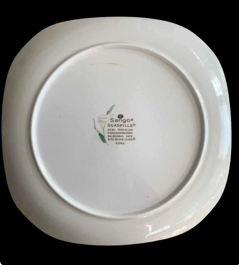 Set Of Two (2) REPLACEMENT 5101 Vintage Sango Quadrille Black Lillies Semi Porcelain Dinner Plates ~ 10-1/2" Sq