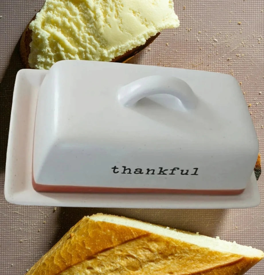 Happy Harvest "THANKFUL" Double Stick Butter Dish From Belle Maison ~ Rustic Stoneware - Timeless Treasures Emporium1