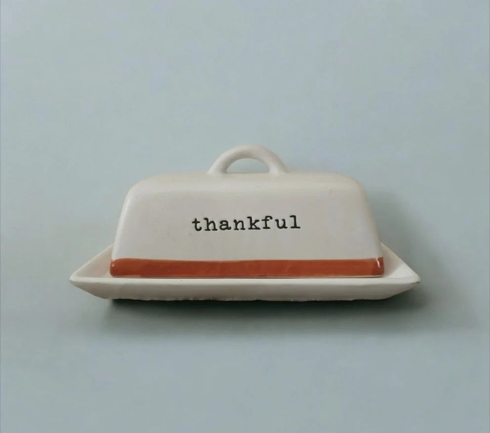 Happy Harvest "THANKFUL" Double Stick Butter Dish From Belle Maison ~ Rustic Stoneware - Timeless Treasures Emporium1