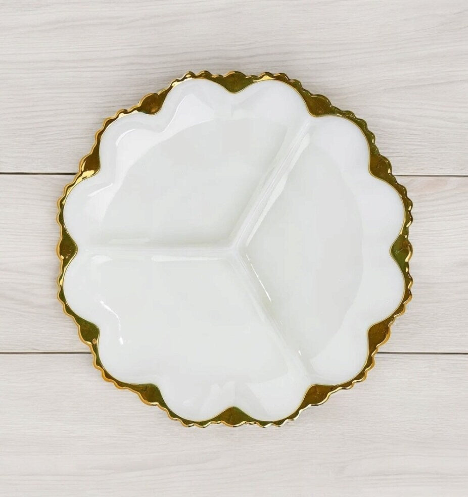 Vintage Milk Glass Three (3) Section Serving Plate Canapé Dish with Gilded Rim Gold Rim ~ 10”D x 1”T - Timeless Treasures Emporium1