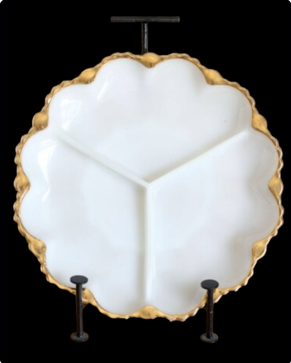 Vintage Milk Glass Three (3) Section Serving Plate Canapé Dish with Gilded Rim Gold Rim ~ 10”D x 1”T - Timeless Treasures Emporium1