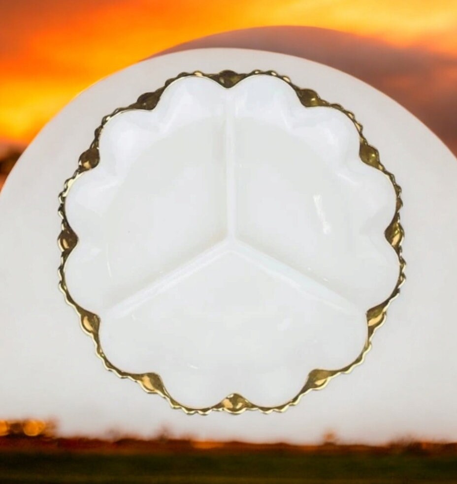 Vintage Milk Glass Three (3) Section Serving Plate Canapé Dish with Gilded Rim Gold Rim ~ 10”D x 1”T - Timeless Treasures Emporium1