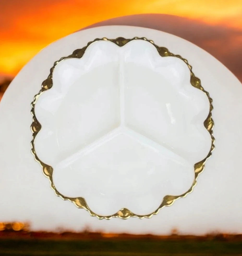 Vintage Milk Glass Three (3) Section Serving Plate Canapé Dish with Gilded Rim Gold Rim ~ 10”D x 1”T - Timeless Treasures Emporium1