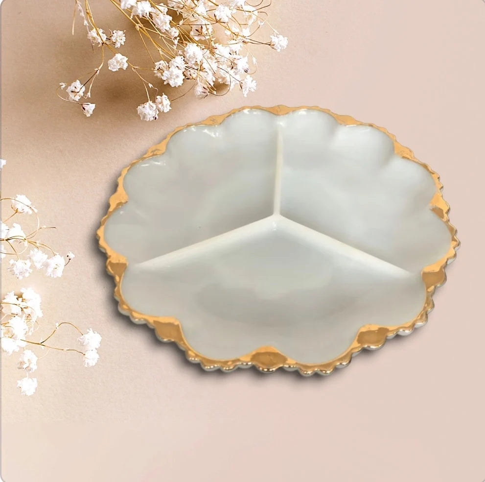 Vintage Milk Glass Three (3) Section Serving Plate Canapé Dish with Gilded Rim Gold Rim ~ 10”D x 1”T - Timeless Treasures Emporium1