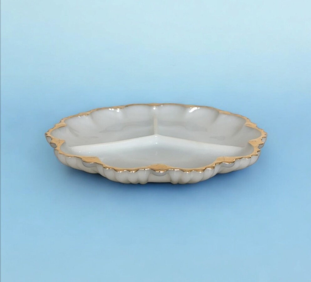 Vintage Milk Glass Three (3) Section Serving Plate Canapé Dish with Gilded Rim Gold Rim ~ 10”D x 1”T - Timeless Treasures Emporium1