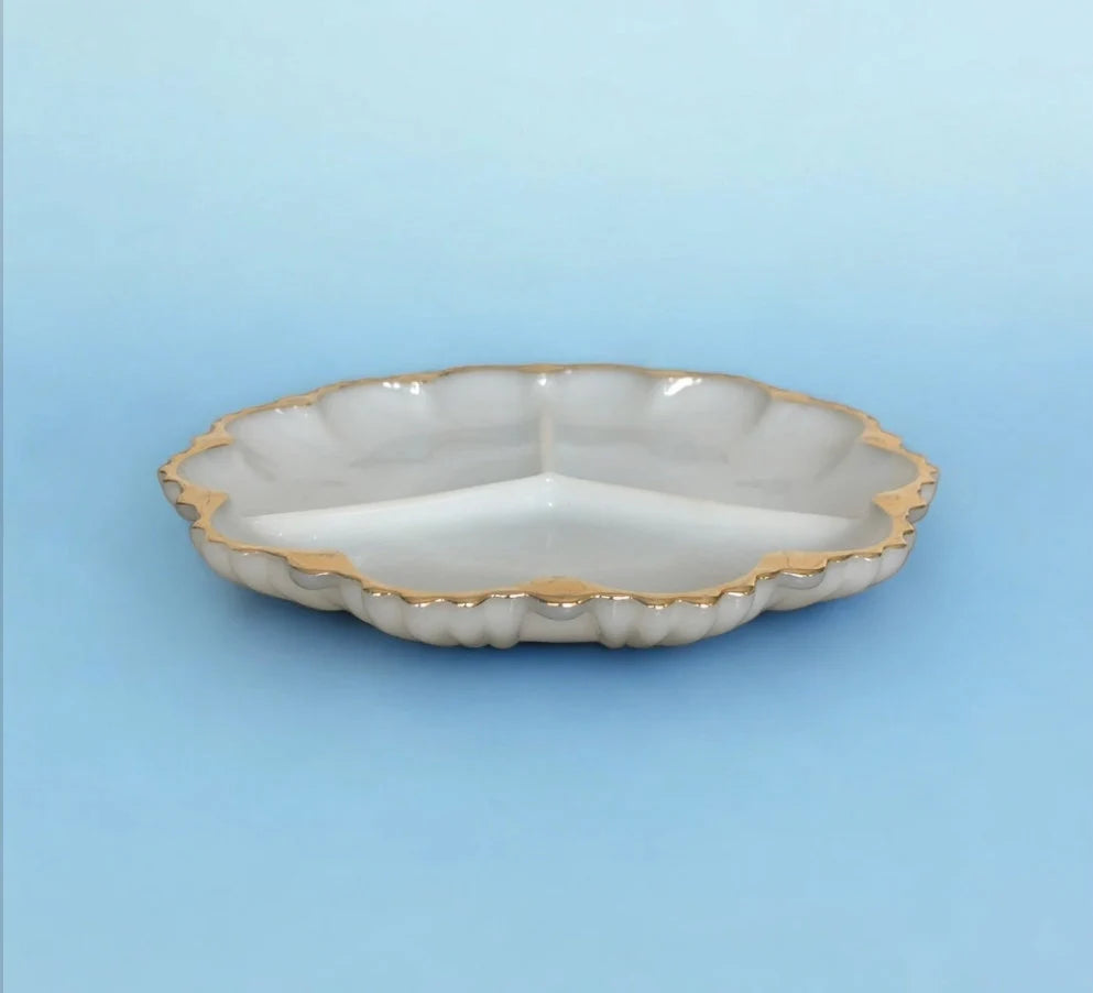 Vintage Milk Glass Three (3) Section Serving Plate Canapé Dish with Gilded Rim Gold Rim ~ 10”D x 1”T - Timeless Treasures Emporium1