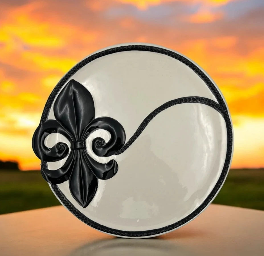 White and Black Mardi Gras Serving Platter -13"D - Timeless Treasures Emporium1