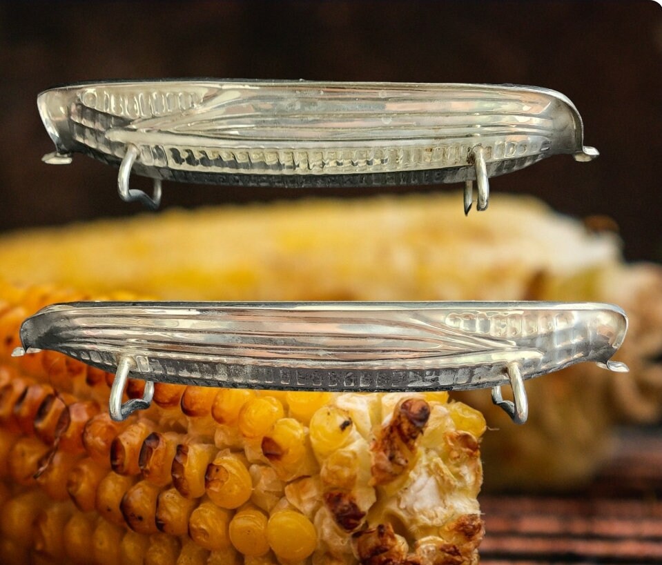 Vintage Stainless Steel Metal Corn Cob Holders Trays/Plates Platter-CORN On The COB /Textured Corn Holders | Glass Corn Dish ~ Set of 2 - Timeless Treasures Emporium1