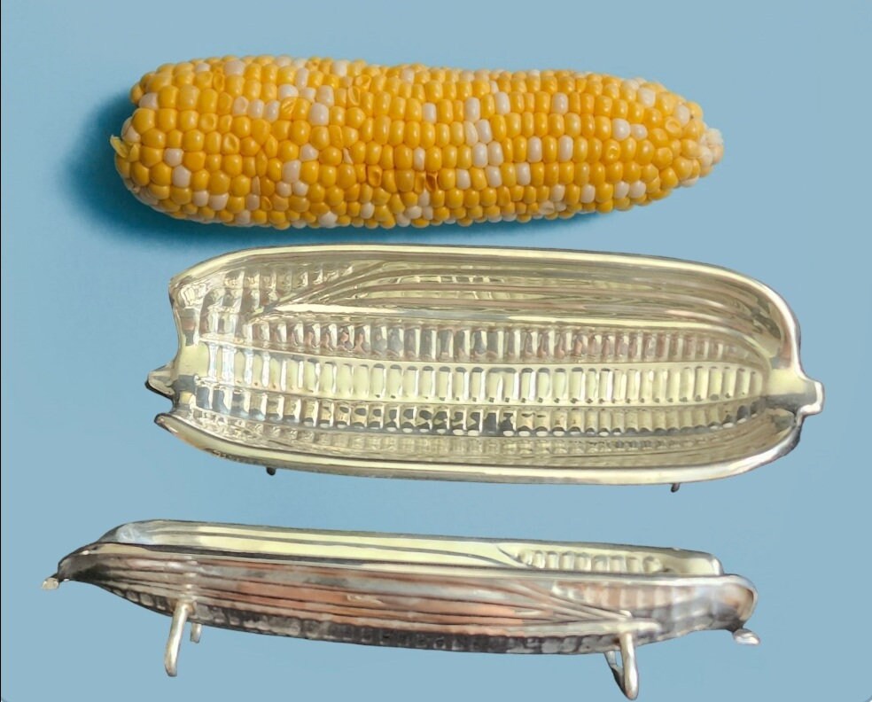 Vintage Stainless Steel Metal Corn Cob Holders Trays/Plates Platter-CORN On The COB /Textured Corn Holders | Glass Corn Dish ~ Set of 2 - Timeless Treasures Emporium1