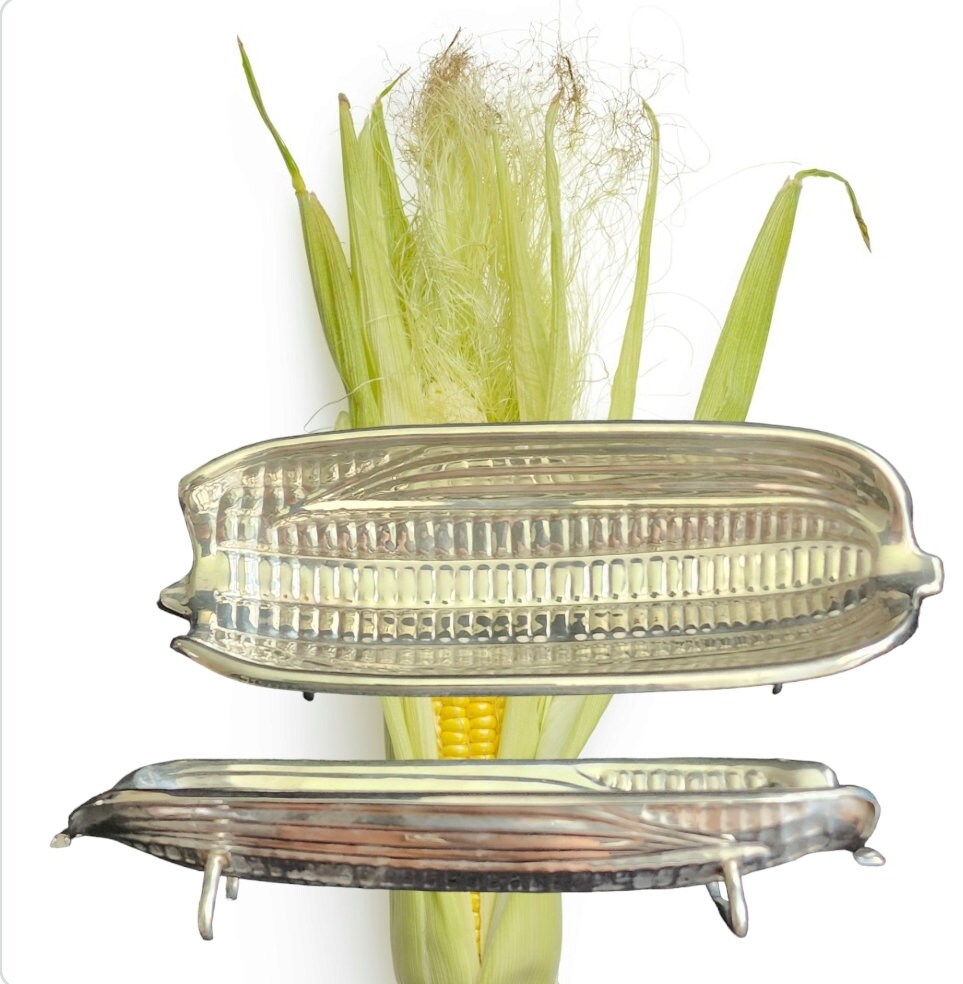 Vintage Stainless Steel Metal Corn Cob Holders Trays/Plates Platter-CORN On The COB /Textured Corn Holders | Glass Corn Dish ~ Set of 2 - Timeless Treasures Emporium1