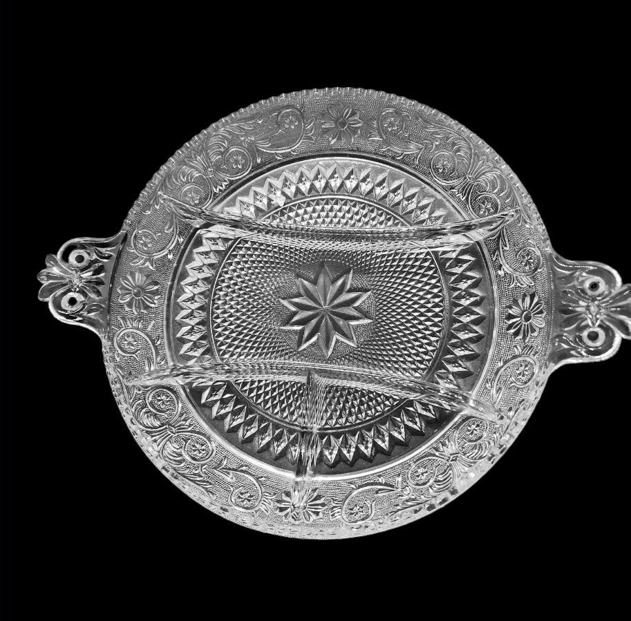 Vintage Depression Clear Glass Handled Sectioned Serving Tray / Platter, Sandwich by Duncan Miller ~ 14"