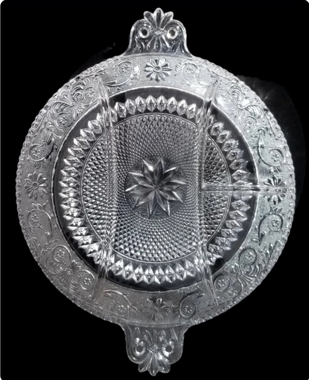 Vintage Depression Clear Glass Handled Sectioned Serving Tray / Platter, Sandwich by Duncan Miller ~ 14"
