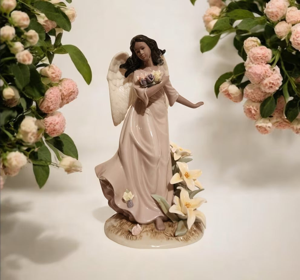 Grandeur Noel Collector's Edition Large Porcelain African American Angel Dark Hair Pink Dress 12.5" - Timeless Treasures Emporium1