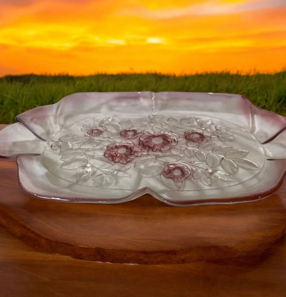 Vintage Mikasa Rosella Round Pink Roses Glass Serving Platter/Plate Embossed with Ruffled Edge - Timeless Treasures Emporium1