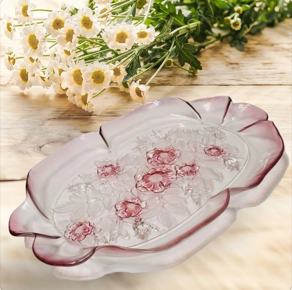 Vintage Mikasa Rosella Round Pink Roses Glass Serving Platter/Plate Embossed with Ruffled Edge - Timeless Treasures Emporium1