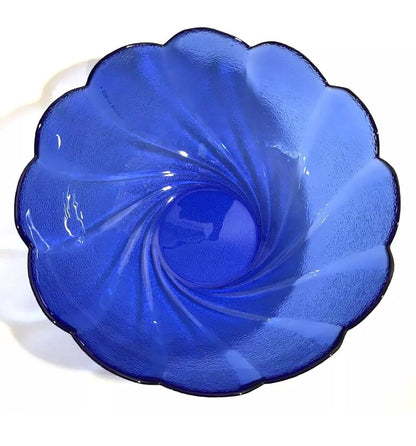Arcoroc Cobalt Swirl Bowl Console or Centerpiece Scalloped Edge Textured Glass - Timeless Treasures Emporium1