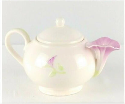 Vintage Embossed Ceramic Teleflora Gift Lidded Floral Teapot White with Pink Morning Glory Flower Spout