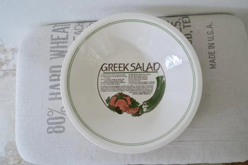 Vintage Ceramic Greek Salad Bowl with Recipe 11.5" x 2.5"