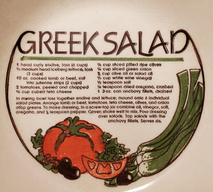 Vintage Ceramic Greek Salad Bowl with Recipe 11.5" x 2.5"