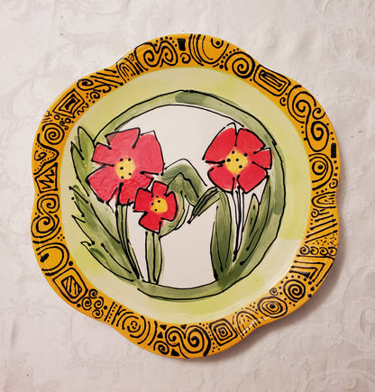 Red Green and Bright Yellow Hand Painted Floral Display Plate 11"