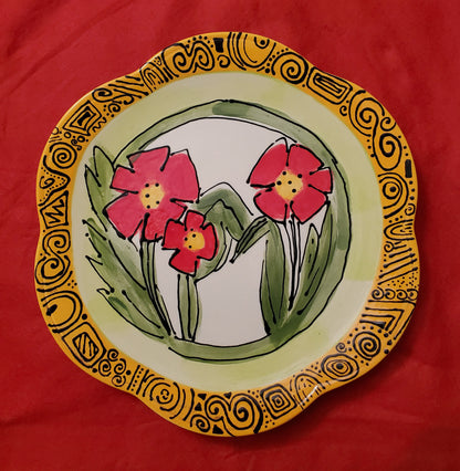 Red Green and Bright Yellow Hand Painted Floral Display Plate 11"