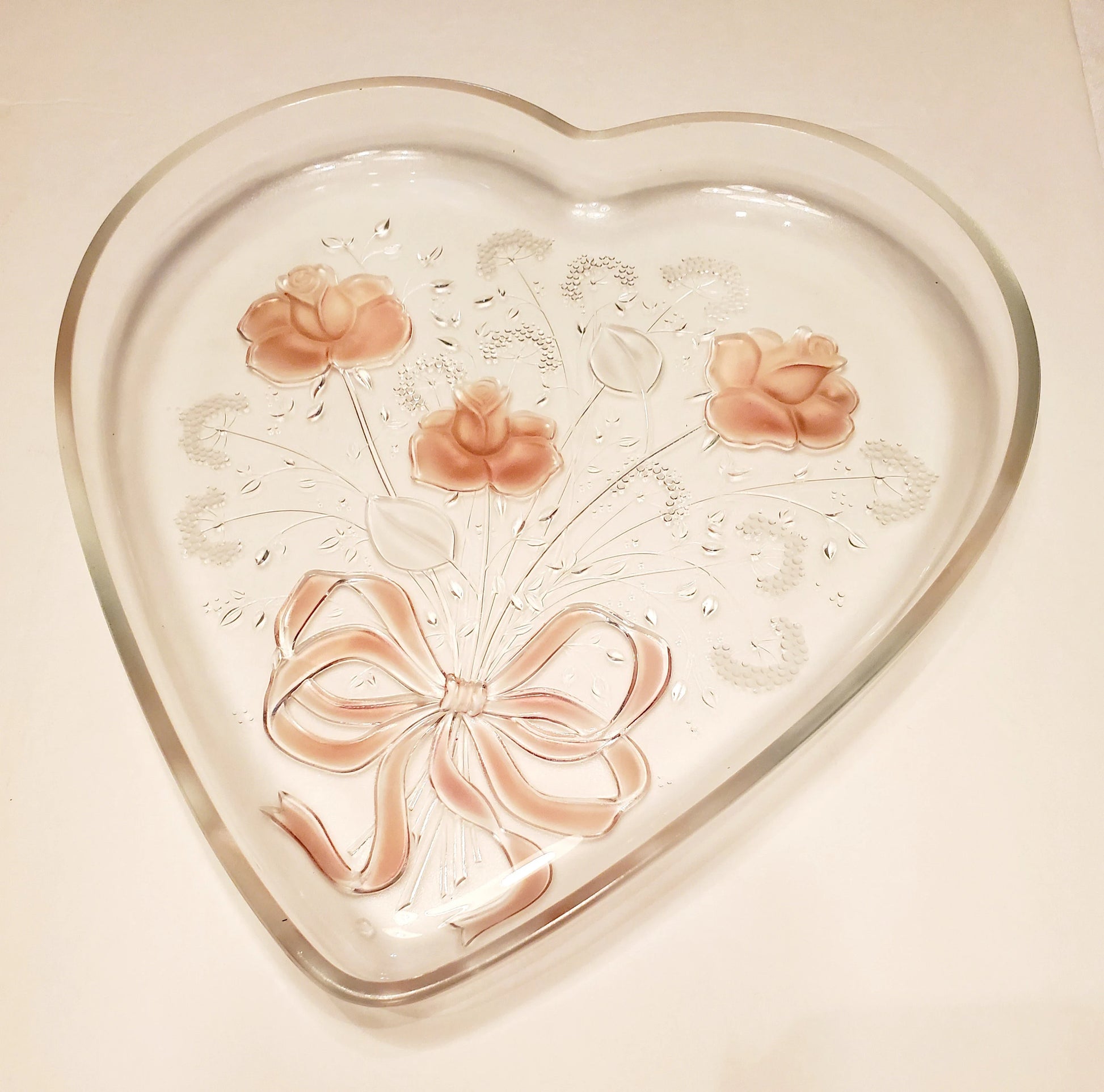 Vintage Mikasa, Crystal Heart-shaped, Large 12" x 12" Serving Platter, Frosted Pink Rose Ribbon Sweetheart Bouquet Design Entertaining Tray - Timeless Treasures  Emporium1