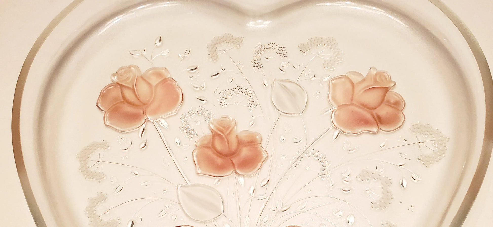 Vintage Mikasa, Crystal Heart-shaped, Large 12" x 12" Serving Platter, Frosted Pink Rose Ribbon Sweetheart Bouquet Design Entertaining Tray - Timeless Treasures  Emporium1