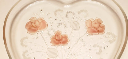 Vintage Mikasa, Crystal Heart-shaped, Large 12" x 12" Serving Platter, Frosted Pink Rose Ribbon Sweetheart Bouquet Design Entertaining Tray - Timeless Treasures  Emporium1