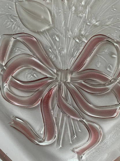 Vintage Mikasa, Crystal Heart-shaped, Large 12" x 12" Serving Platter, Frosted Pink Rose Ribbon Sweetheart Bouquet Design Entertaining Tray - Timeless Treasures  Emporium1