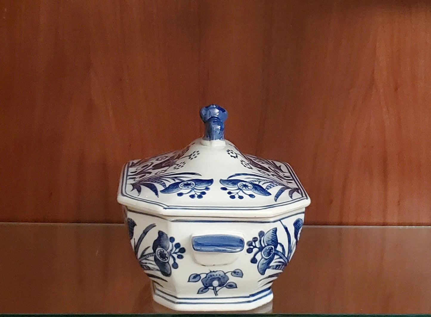 Vintage Lion Finial Covered Blue and White Porcelain Kitchen Display collectible Lidded Casserole Dish