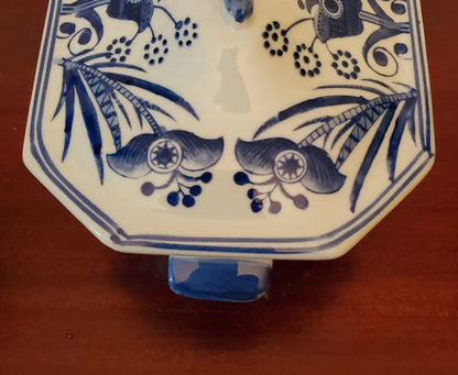 Vintage Lion Finial Covered Blue and White Porcelain Kitchen Display collectible Lidded Casserole Dish