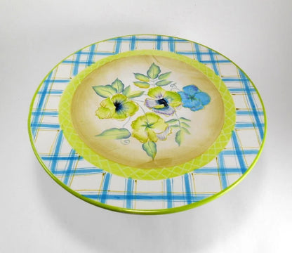 Zrike Everyday Wild Pansy Pedestal Cake/Dessert Plate Floral Flower 12” Blue Green - Timeless Treasures  Emporium1