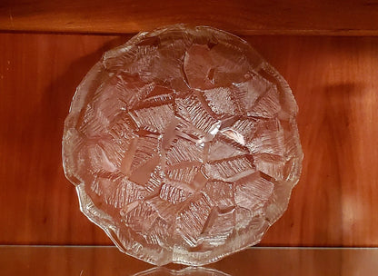 Vintage 70’s Hoya Crystal Japan Textured Decorative 11” Frosted Cracked Ice Glass Cake Server/Platter