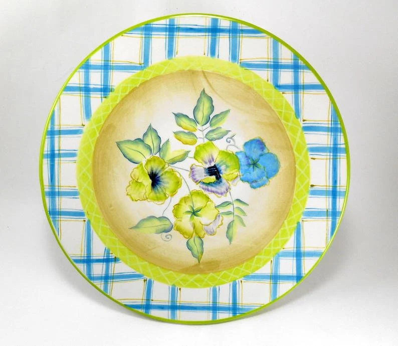 Zrike Everyday Wild Pansy Pedestal Cake/Dessert Plate Floral Flower 12” Blue Green - Timeless Treasures  Emporium1