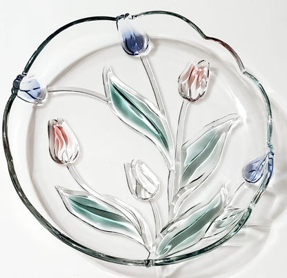 Mikasa Tivoli Pink Violet Tulip 3D Tulip Clear & Colored Round Art Glass Serving Platter Tray  ~ 12-1/4"