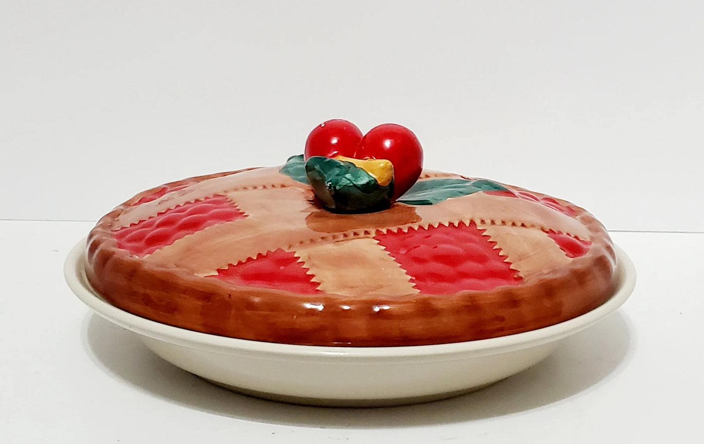 Large Vintage  Hand-painted Ceramic Cherry Pie Keeper with Lid ~ 11.5" - Timeless Treasures  Emporium1