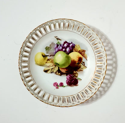RW Bavaria Mid-Century Round Pierced/Reticulated Fruit Bowl w/Gold Trim ~ 8"