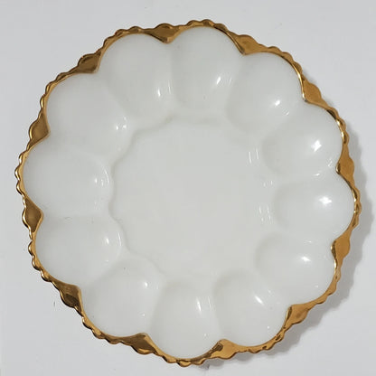 Vintage Anchor Hocking White Milk Glass Oyster / Deviled Egg Plate Server Dish With Gold Trim ~ 10"