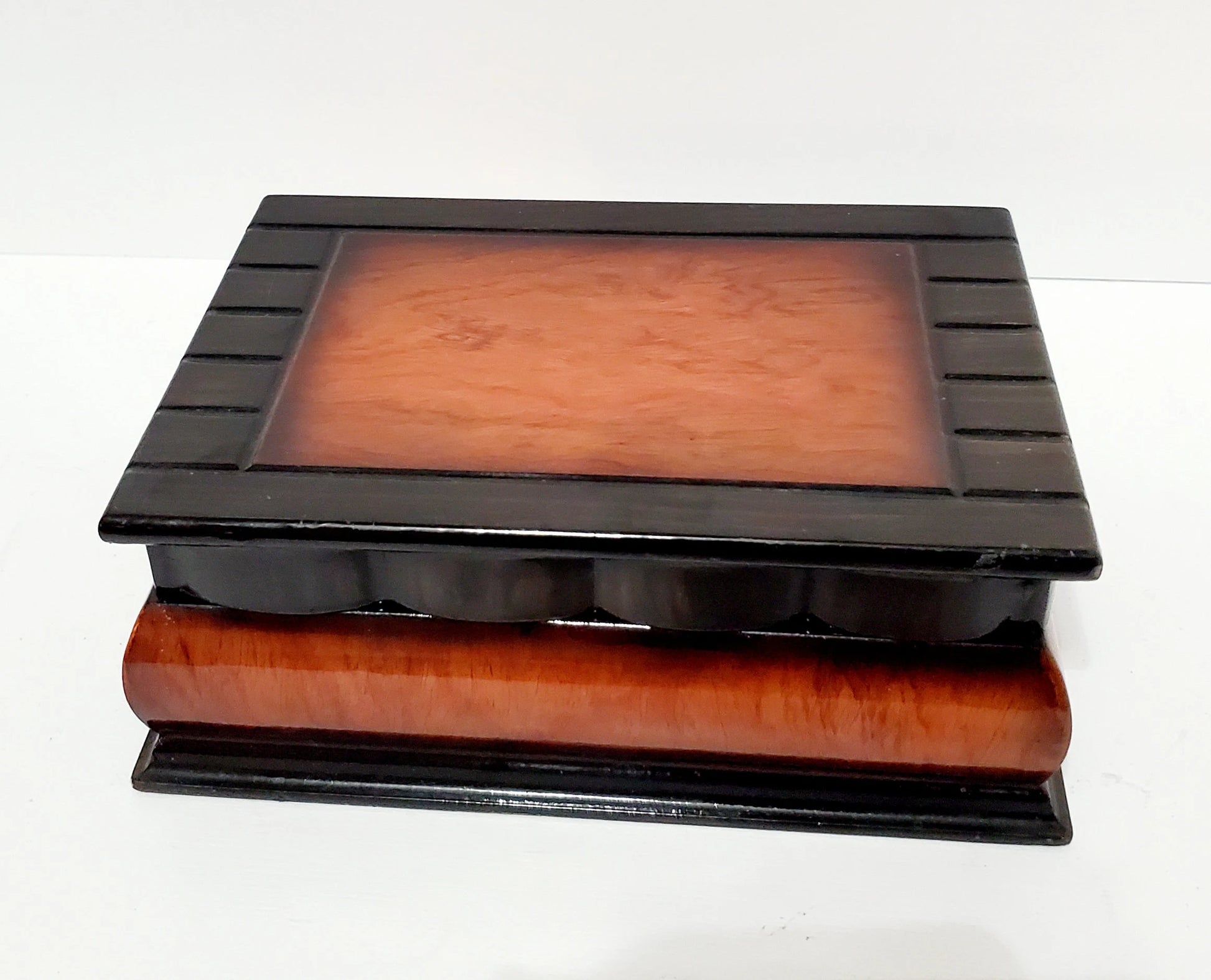 Vintage Lacquered Two-Toned Velvet-Lined Wooden Keepsake Box ~ 9" - Timeless Treasures  Emporium1