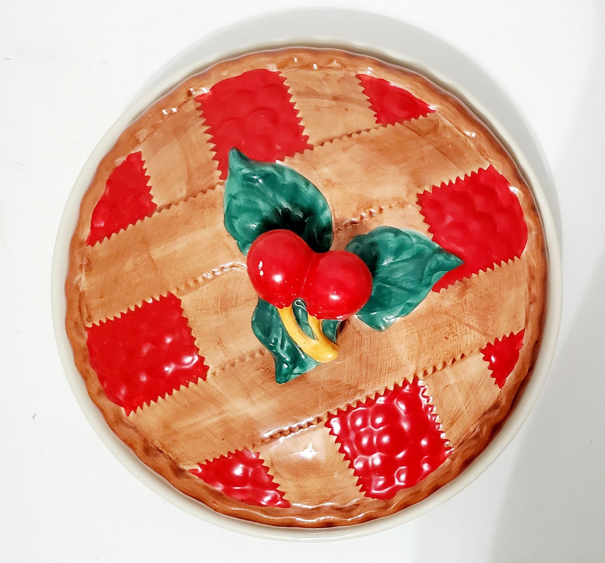 Large Vintage  Hand-painted Ceramic Cherry Pie Keeper with Lid ~ 11.5" - Timeless Treasures  Emporium1