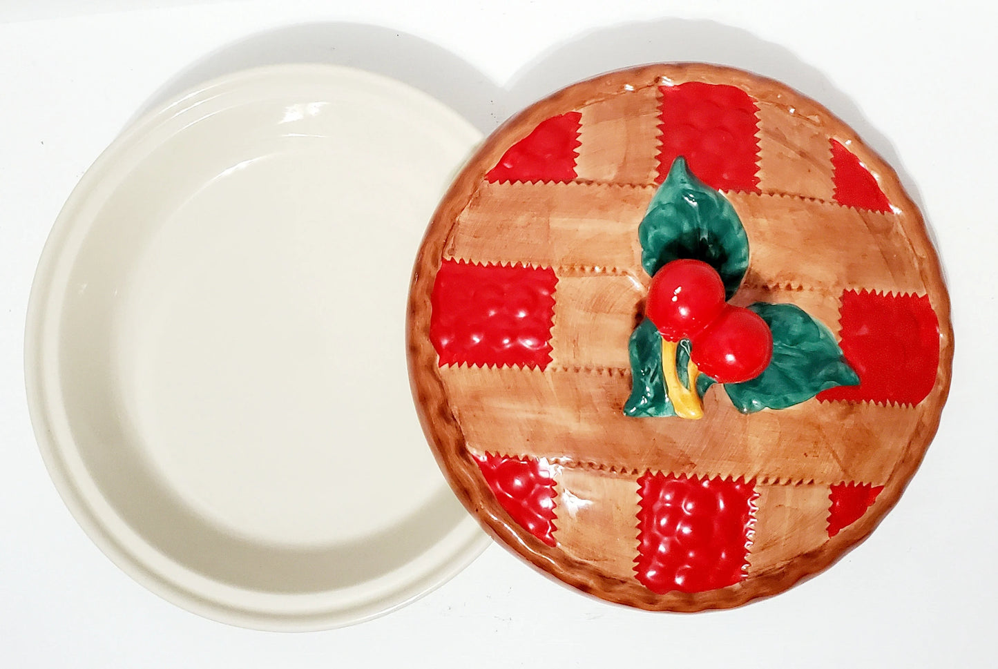 Large Vintage  Hand-painted Ceramic Cherry Pie Keeper with Lid ~ 11.5" - Timeless Treasures  Emporium1