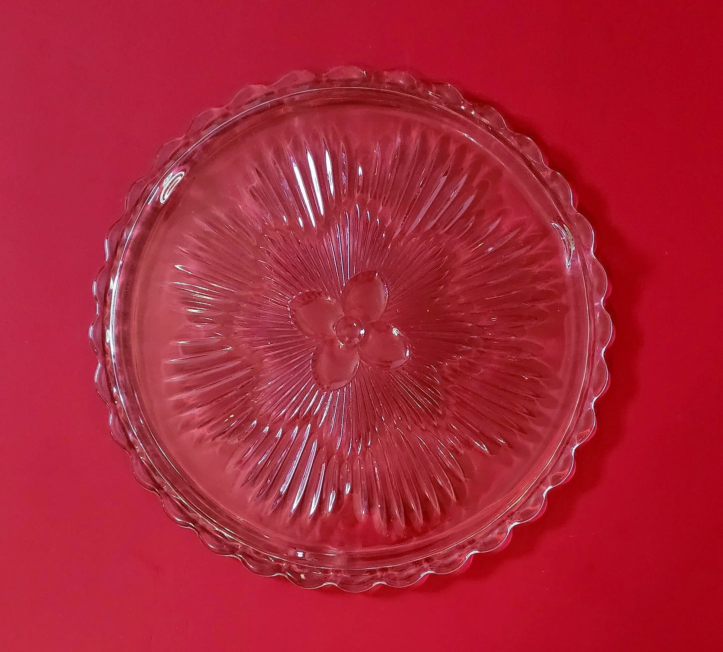 Vintage Round Clear Footed Indiana Glass Flower Sunburst Cake Plate 1960's Pressed Glass Cake Platter 11" with Scalloped Edges ~ #3355 - Timeless Treasures  Emporium1