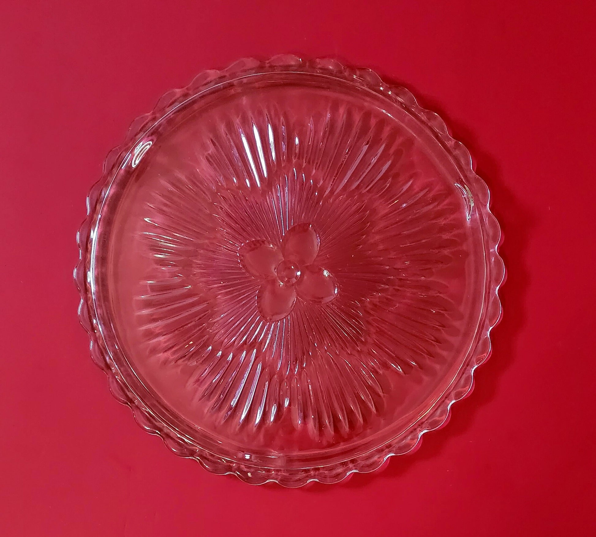 Vintage Round Clear Footed Indiana Glass Flower Sunburst Cake Plate 1960's Pressed Glass Cake Platter 11" with Scalloped Edges ~ #3355 - Timeless Treasures  Emporium1