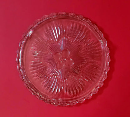 Vintage Round Clear Footed Indiana Glass Flower Sunburst Cake Plate 1960's Pressed Glass Cake Platter 11" with Scalloped Edges ~ #3355 - Timeless Treasures  Emporium1