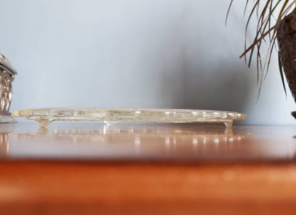 Vintage Round Clear Footed Indiana Glass Flower Sunburst Cake Plate 1960's Pressed Glass Cake Platter 11" with Scalloped Edges ~ #3355 - Timeless Treasures  Emporium1