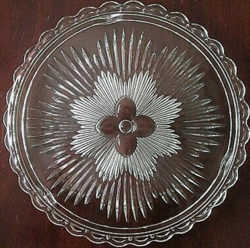 Vintage Round Clear Footed Indiana Glass Flower Sunburst Cake Plate 1960's Pressed Glass Cake Platter 11" with Scalloped Edges ~ #3355 - Timeless Treasures  Emporium1