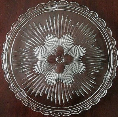 Vintage Round Clear Footed Indiana Glass Flower Sunburst Cake Plate 1960's Pressed Glass Cake Platter 11" with Scalloped Edges ~ #3355 - Timeless Treasures  Emporium1